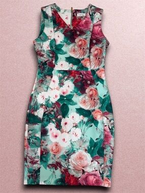 Calvin Klein Mint Green Floral Midi Dress with Pink Roses sz 8